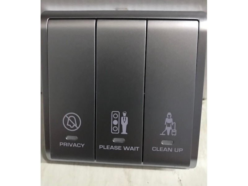 Schneider Pieno E8233DMWS 3 Gang Switch with "DND, MUR & Please Wait" Symbols Lavender Silver